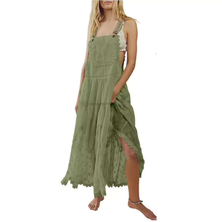 2024 Women's Casual Lace Embroidered Long Dress with Adjustable Shoulder Straps and Flowing Skirt