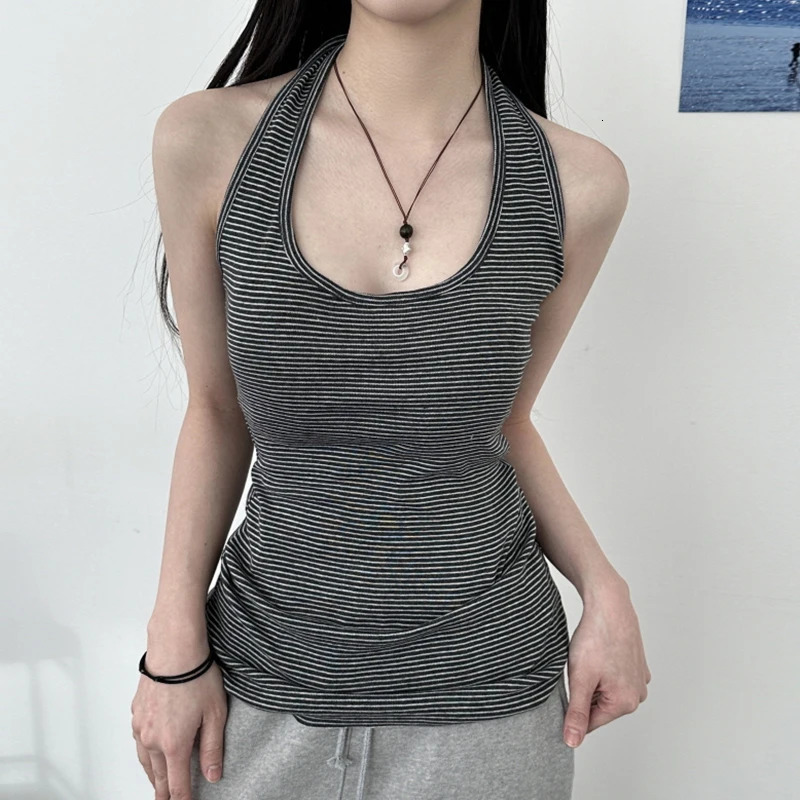HEYounGIRL Korean Fashion Striped Halter Vest Basic Streetwear Backless Casual Sleeveless Tank Top Y2K Summer Fitted Camis Tops 250515