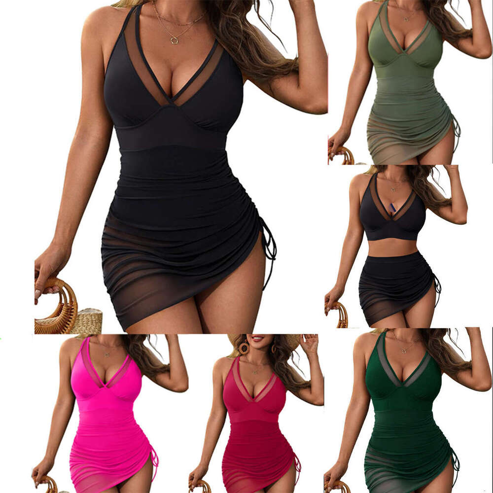 Sexy camisole deep V splicing side drawstring women's detachable coasters slim fit mesh one-piece swimsuit 2025 temperament versatile new trendy 