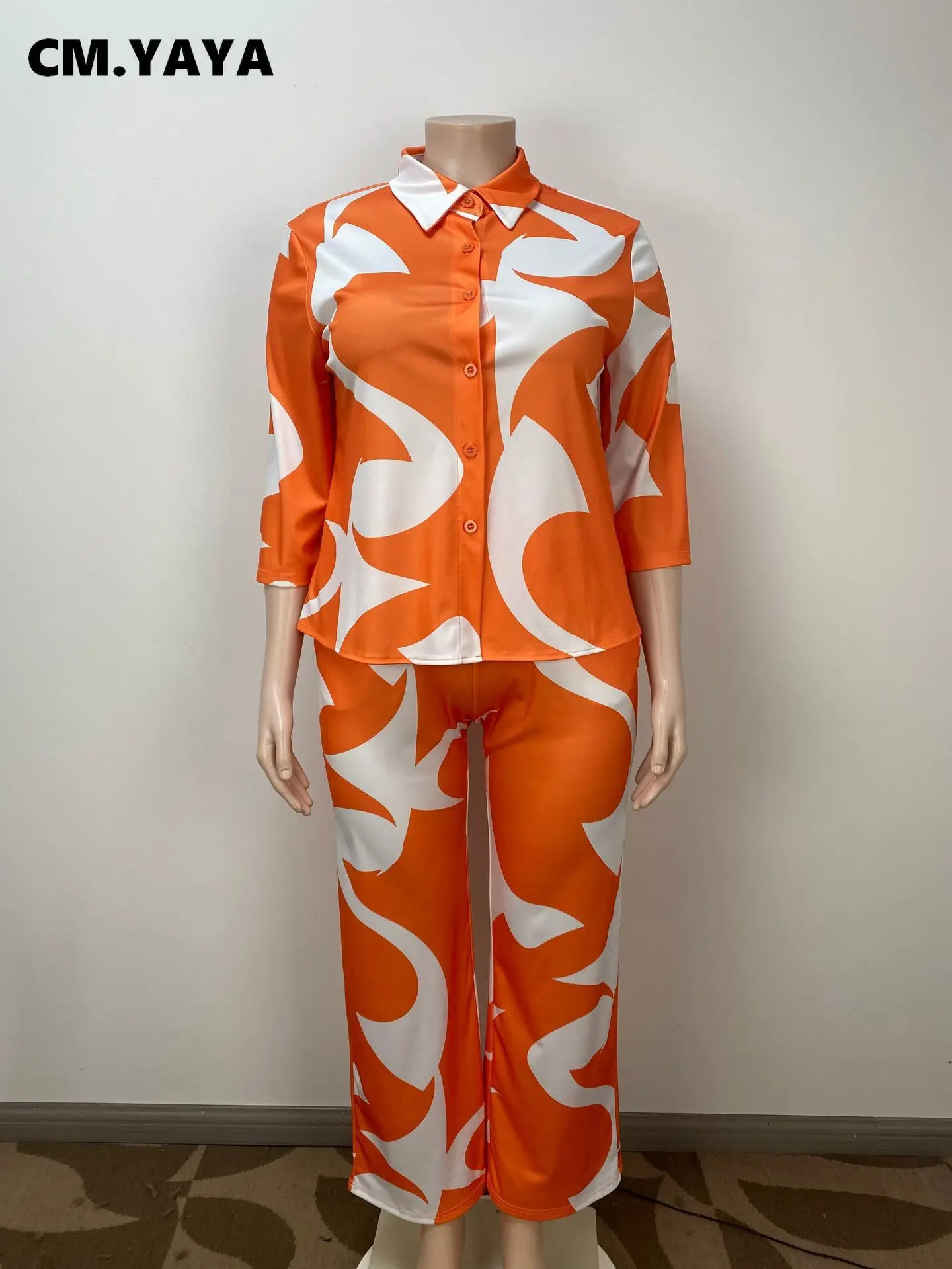 CM.YAYA Plus Size Loose Half Sleeve Women Set Button Shirt Straight Pants Suits Streetwear Tracksuit Summer Two 2 Piece Set 250514