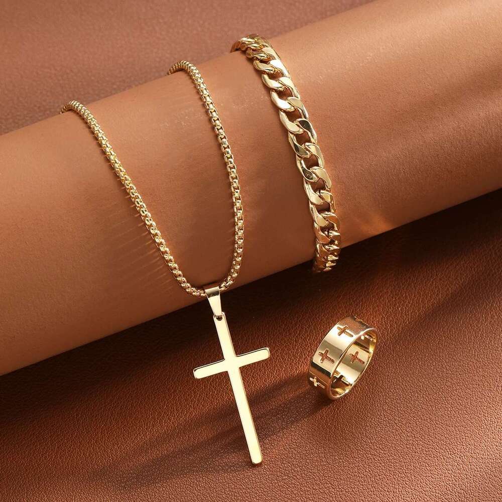 3 Pcs Men's Stainless Steel Jewelry Sets Gothic Hip Hop Style With Cross Pendant Necklace Ring Bracelet Set Fashion Simple Gifts