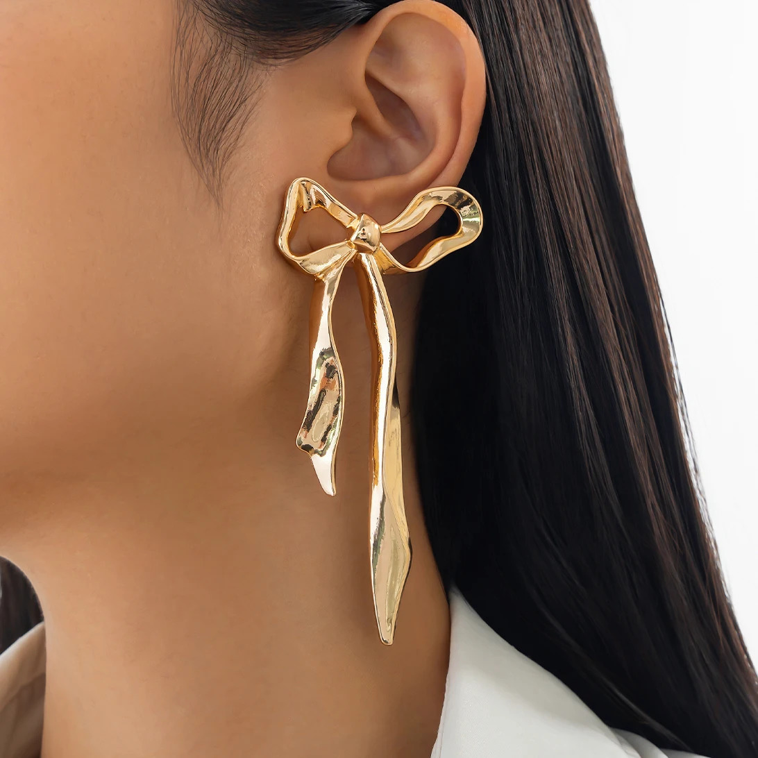Ingemark Vintage Gold Color Bow Bowknot Long Tassel Drop Earrings for Women Classic Hanging Piercing Earrings Wed Jewelry Gift 250515