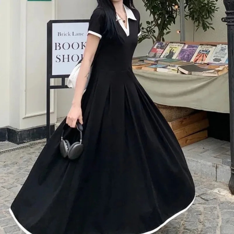 Plus Size Office Ladys Elegant Black Dress Short Sleeve Loose Pleated Midi Casual Matching Vintage Hepburn 250506