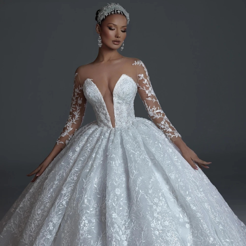 Sexy Ball Gown Wedding Dress Sheer V Neck Long Sleeves Bridal Gowns Sequins Appliques Sweep Train Dresses Custom Made vestidos de novia