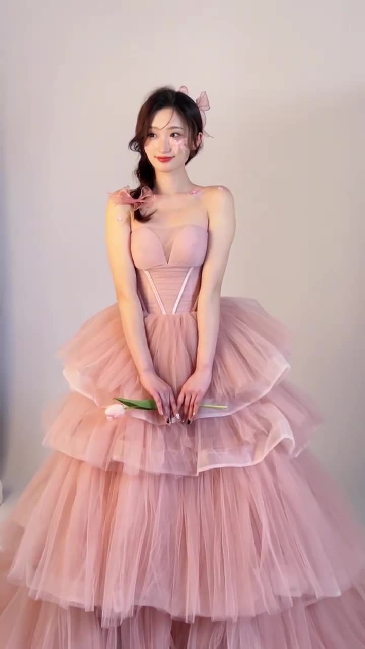 Fairy-Like Pink Net-Sheer Wedding Gown Featuring Fish-Boned Waist Cincher & Wide Skirt Pink Off-The-Shoulder Halter Neck Corset Wedding Dress