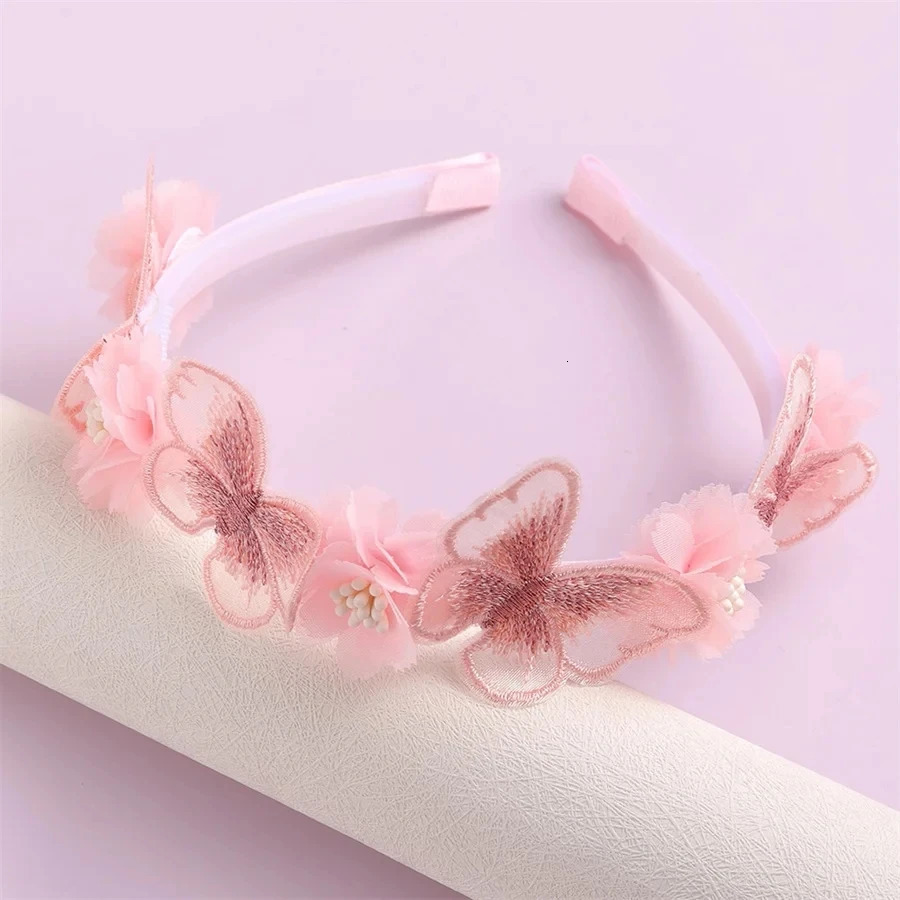 Korean Handmade Butterfly Flower Girls Headbands Cute Pearl Feather Wedding Crown Princess Dance Party Headwear Hoop Accessories 250509