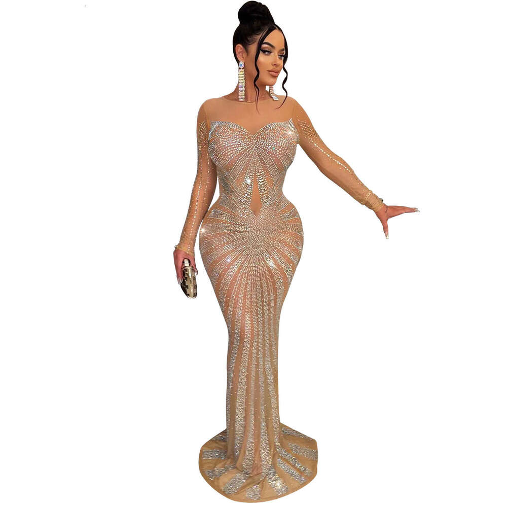 White Dress Maxi Dress C6198 Fashion Women's Solid Color Mesh Perspective Diamond Long Sleeve Dress KQ