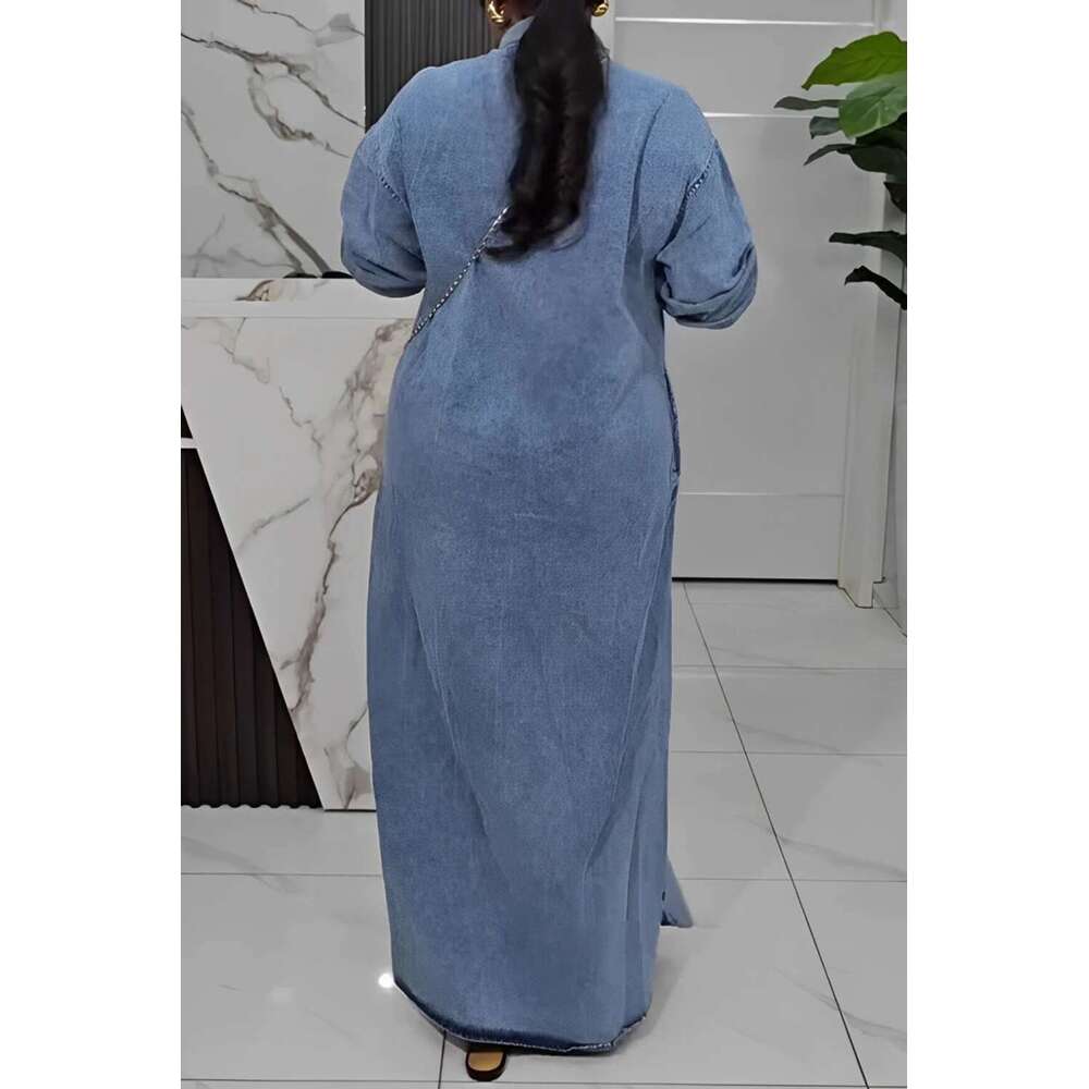 Plus Size Daily Light Blue Shirt Collar Long Sleeve Button Pocket Tencel Denim Maxi Dresses 2025 Women