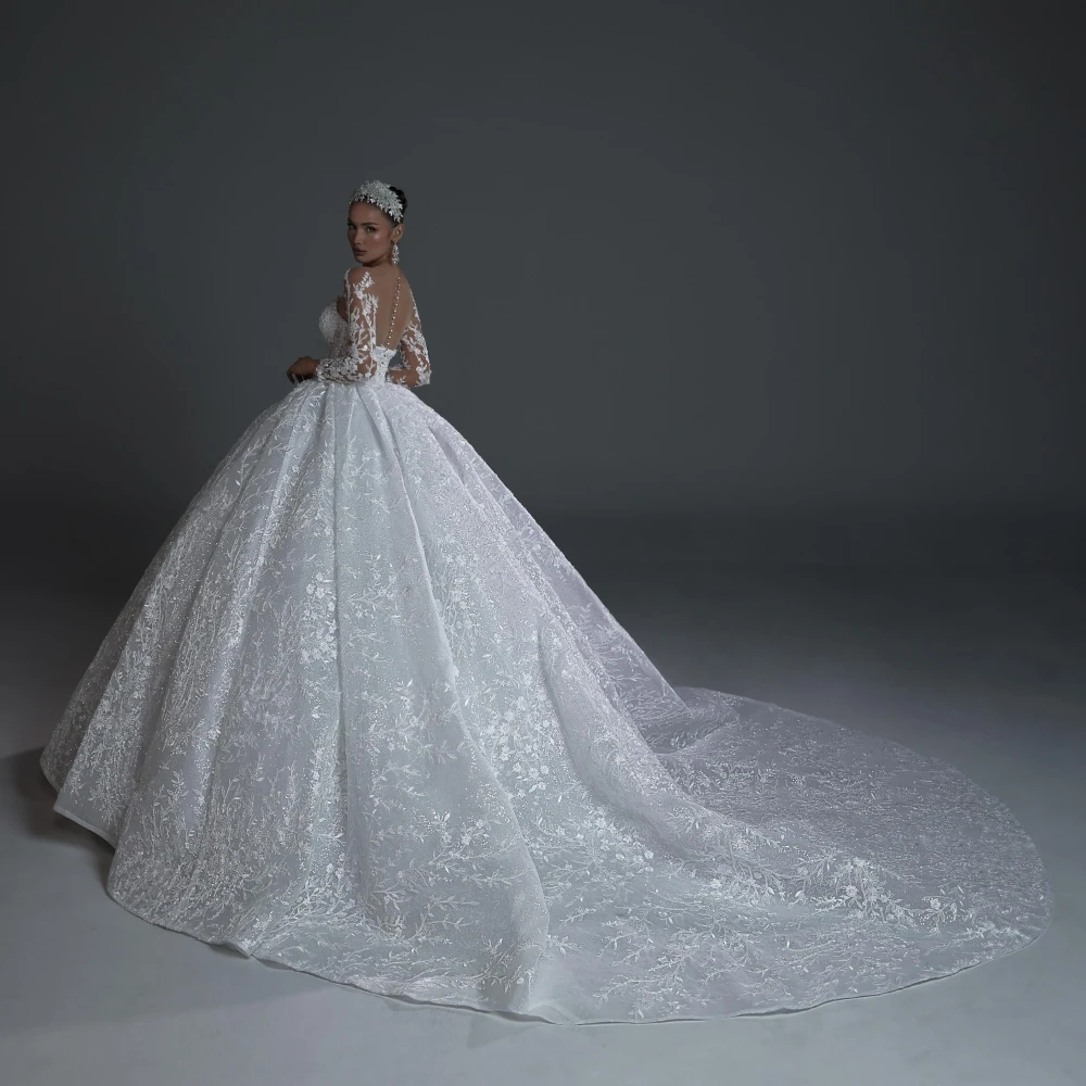 Sexy Ball Gown Wedding Dress Sheer V Neck Long Sleeves Bridal Gowns Sequins Appliques Sweep Train Dresses Custom Made vestidos de novia