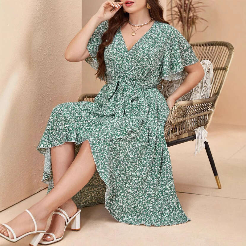 Plus Size Plus Size Womens Clothing Womens Dresses Summer Dresses Womens Oversized Irregular High Waisted Lace Up Printed Dress Bohemian Mid Length A-