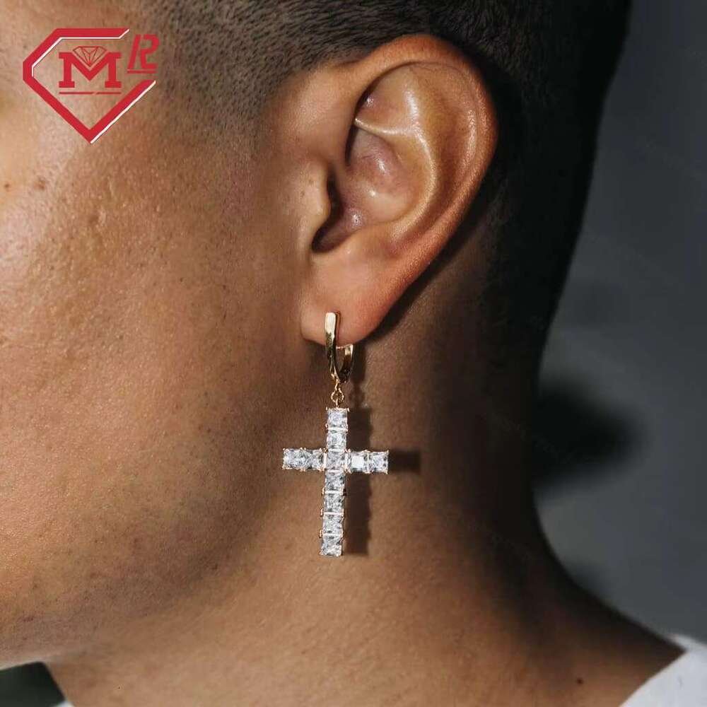 Hip Hop Cross Asscher Cut Fully Iced VVS Silicone Men's Earrings