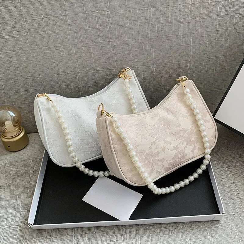 Pleated Womens Minimalist Underarm Retro Pearl Chain Shoulder Crossbody Fashion French Stick Bag