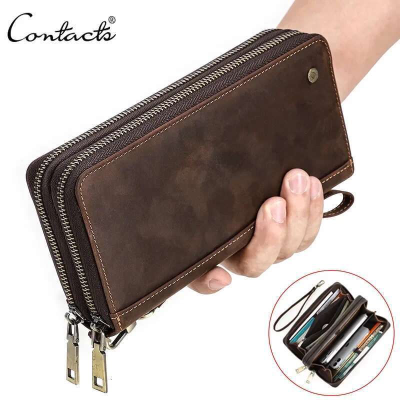 contacts genuine leather mens wallet clutch bag card holder long wallets double zipper large capacity vintage male purses