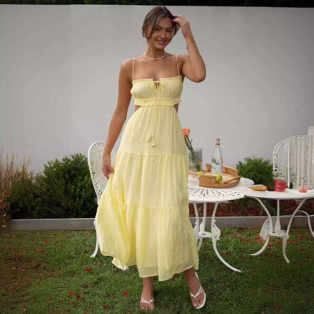 White Dress Maxi Dress Summer New Women's Style Hanging Strap Sexy Hollow Out Long With Open Back Panel Large Swing Dress KQ