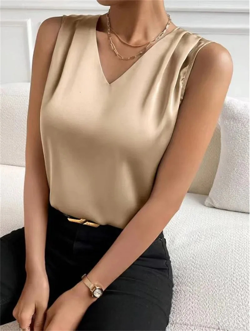 Womens vest elegant temperament Vneck summer vacation simple solid color fashion allmatching sleeveless top 250515