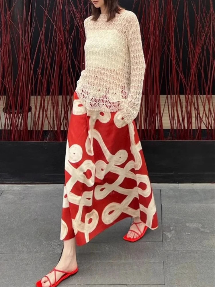 Vintage Summer in High Waist Red Midi Skirt Elastic ALine Flared with HandPainted Print Vacation Style 250515