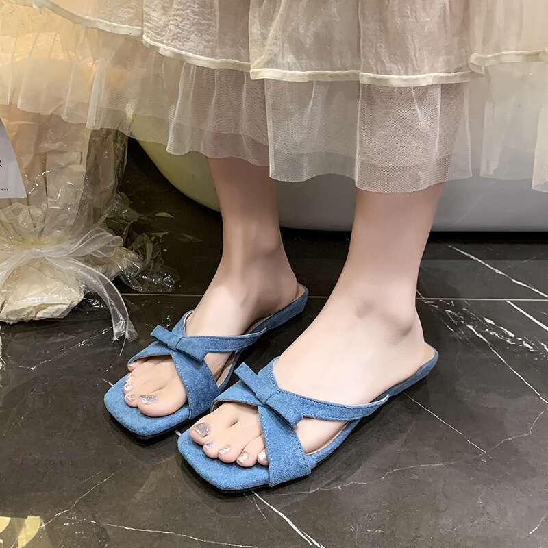 2025 Summer Thick Low Heel Women Slippers Casual Butterfly-knot Square Toe Slides Ladies Dress Street Style Sandalias