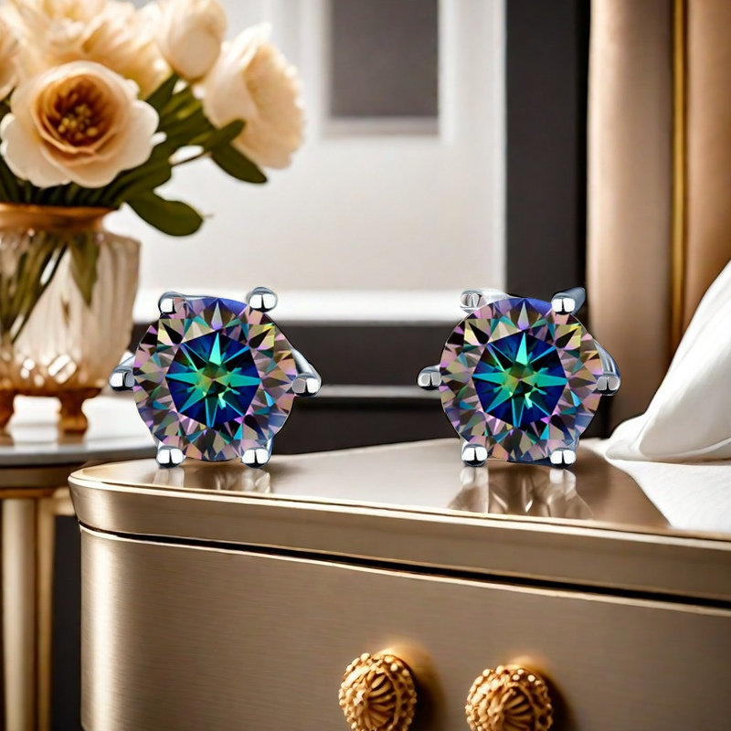 Classic six-prong 925 sterling silver 1/2/4/6CT colorful blue Moissanite stud earrings hot selling High-end style, elegant and fashionable, star style