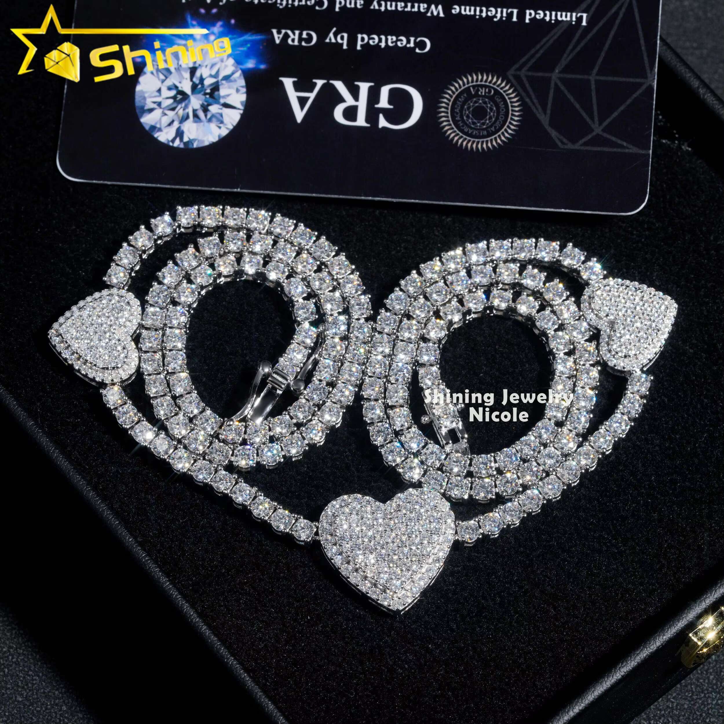 New Design Silver 925 VVS Diamond Moissanite 3MM Iced Out Heart Tennis Chain Necklace