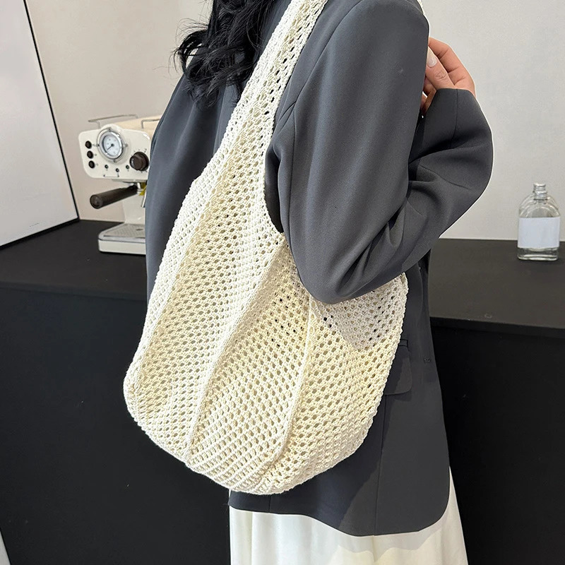 Women Crochet Tote Bag Mesh Beach Bag Large Capacity Fashion Knitted Shoulder Bag Solid Color Simple Shopping Bag for Travel 250515