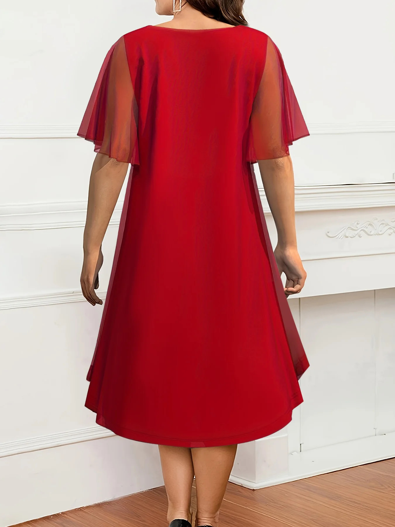 Womens Mesh Plus Size Dress Chiffon Tire Solid Elegant Casual ALine Short Sleeve Midi Summer Fashion Office 250506