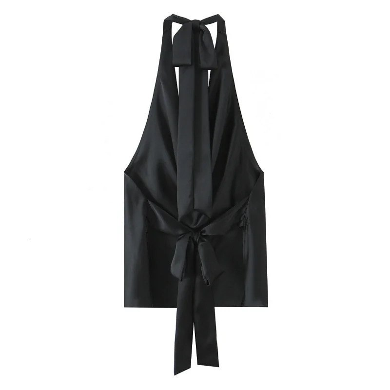 Womens Casual Satin Halter Top with Adjustable Tie Sleeveless Open Back Solid Collar Vest Summer Beach Style Female Blouse 250515