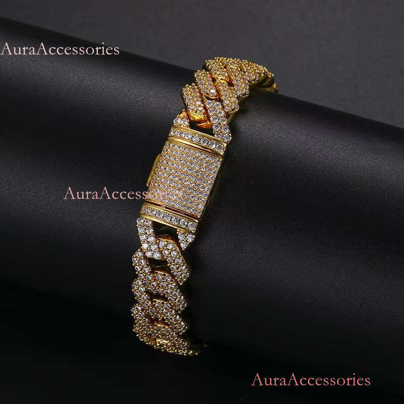 New Arrival Bileklik Hip Hop Jewelry Fashion Anklet 15mm Gold Plated Copper 2 Rows 5A CZ Stone Miami Cuban Link Chain Bracelet