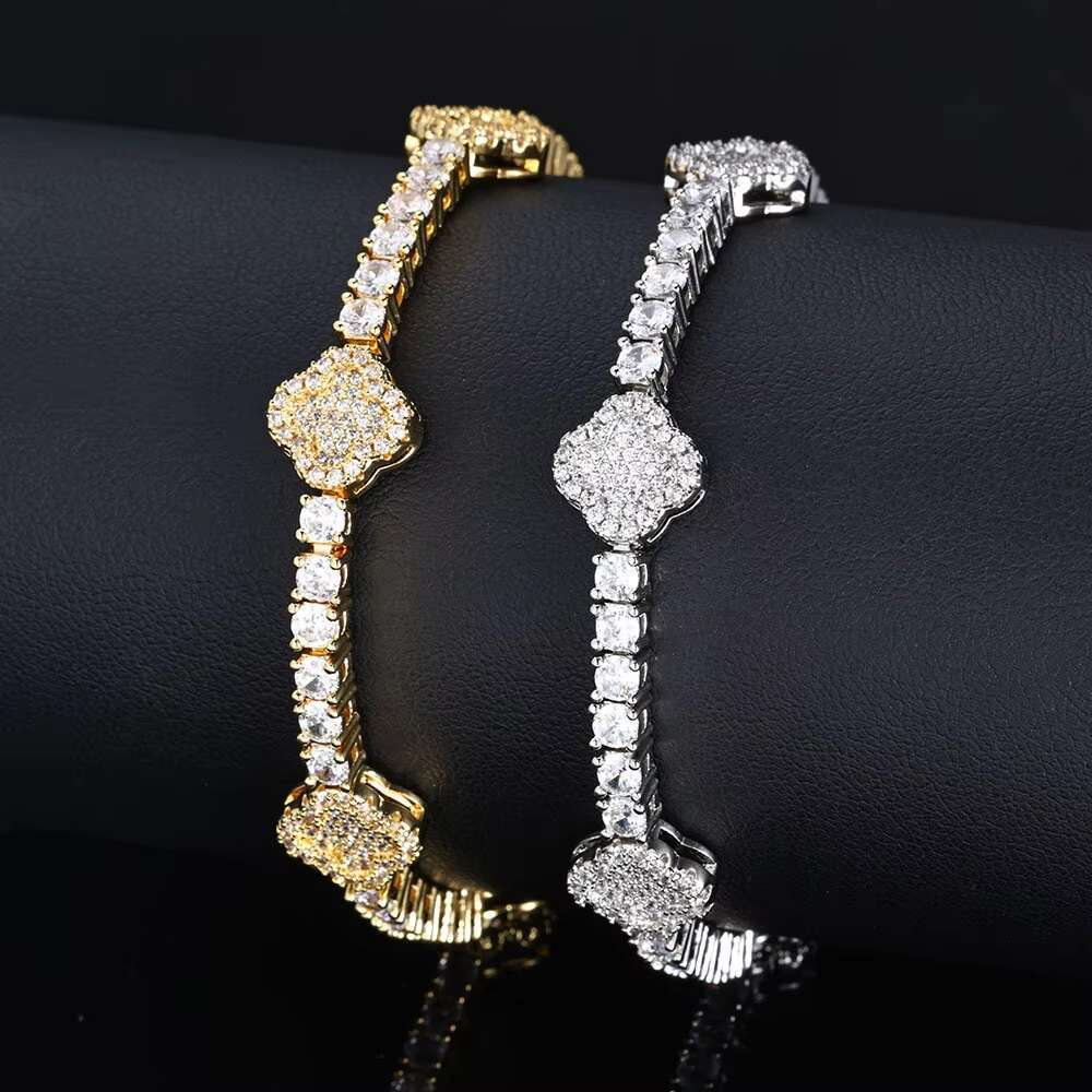 S925 Silver Moissanite Four Leaf Clover Tennis Chain Men Hip Hop Bracelet Fashion Bangles