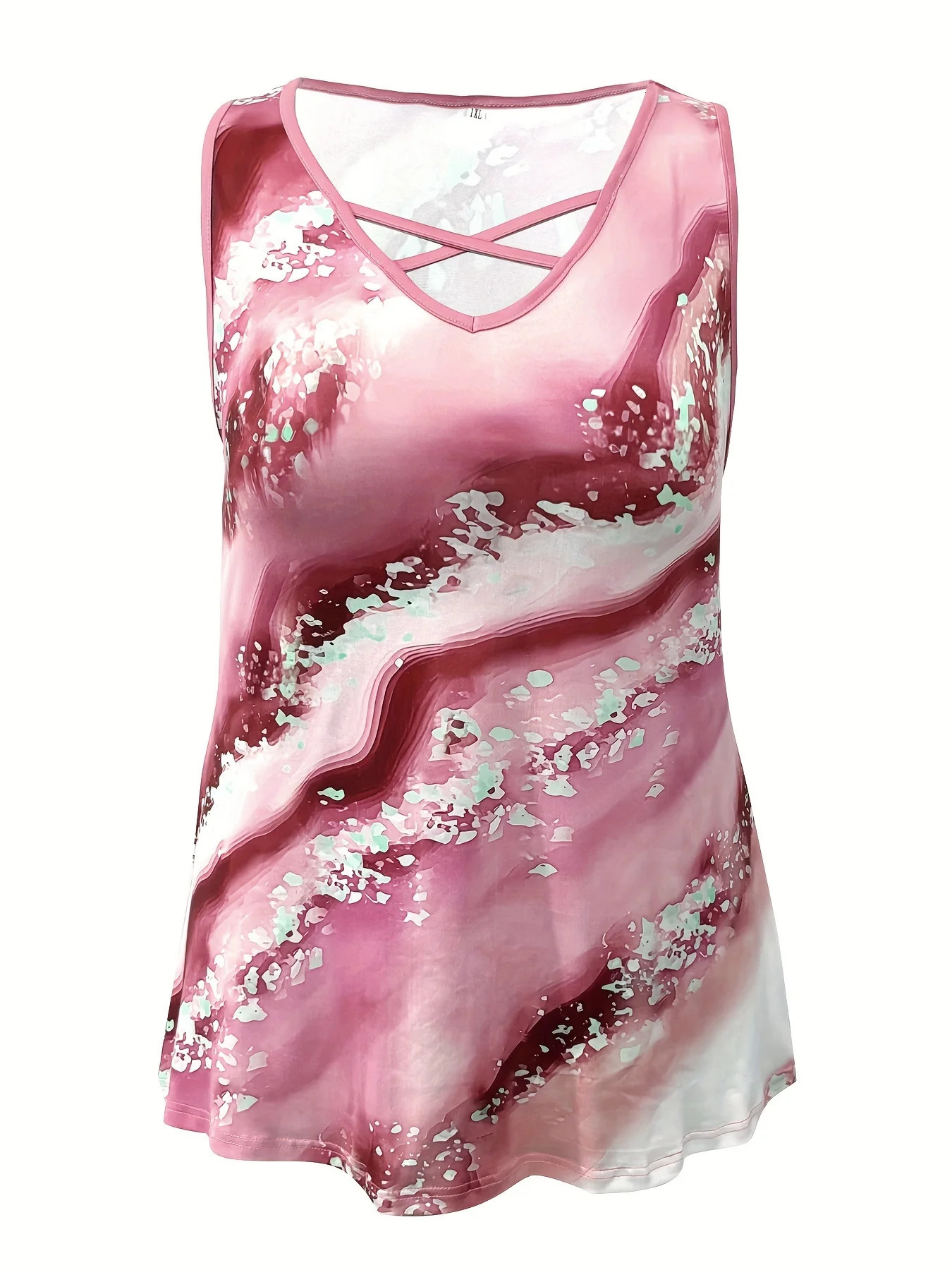 Plus Size Marble Print Tank Top Casual Criss Cross Sleeveless V Neck Top For Summer Spring Womens Plus Size Clothing 250515