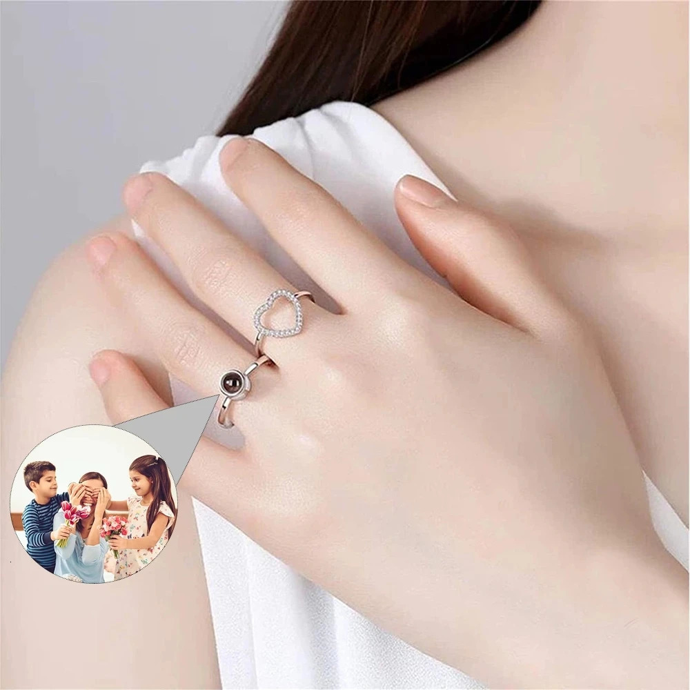 Dascusto Heart Ring Personalized Projection Po Rings Custom Couples Picture Wedding Jewelry 2Pc Adjustable Ring For Women 250515
