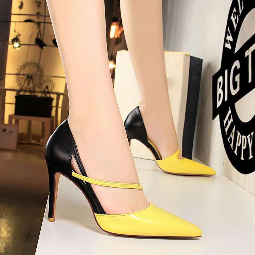 New Summer Women 9.5cm High Sandals Nightclub Stripper Heels Sexy Patchwork Sandles Party Ankle Strap Yellow Pink Shoes