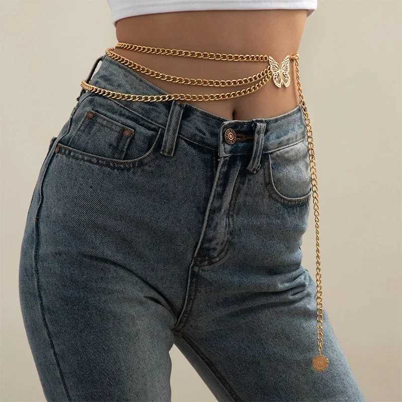 2025Summer Versatile Body Chain Hip Hop Retro Tassel Chain Waist Chain Female Creative Hollow Butterfly Flower Plate Body Chain Y250515