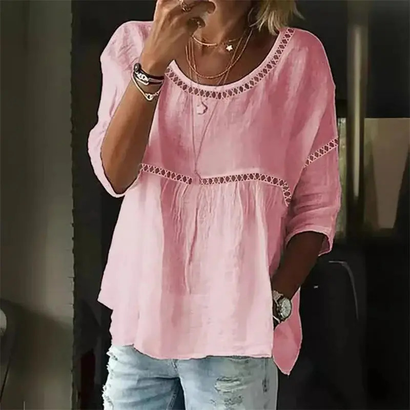 Summer Hollow Out Splice Shirt Women Spring Sevenquarter Sleeve Blouse Female Solid Color Casual Loose Pullover Tops 250515