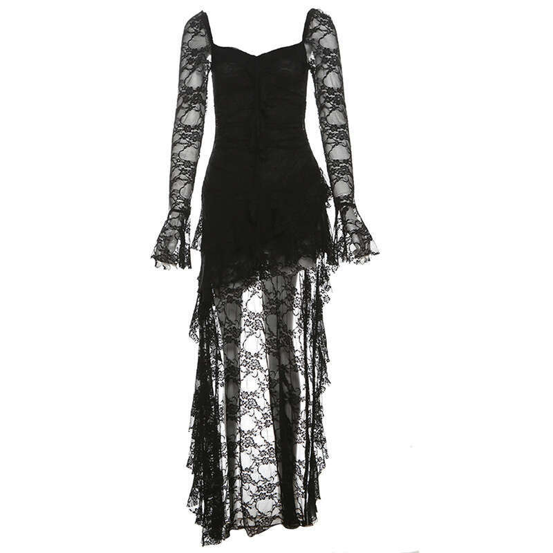Wind 2025 Spring/Summer New Women's Solid Color High Waist Fashion Square Neck Long Sleeve Lace Splicing Dress