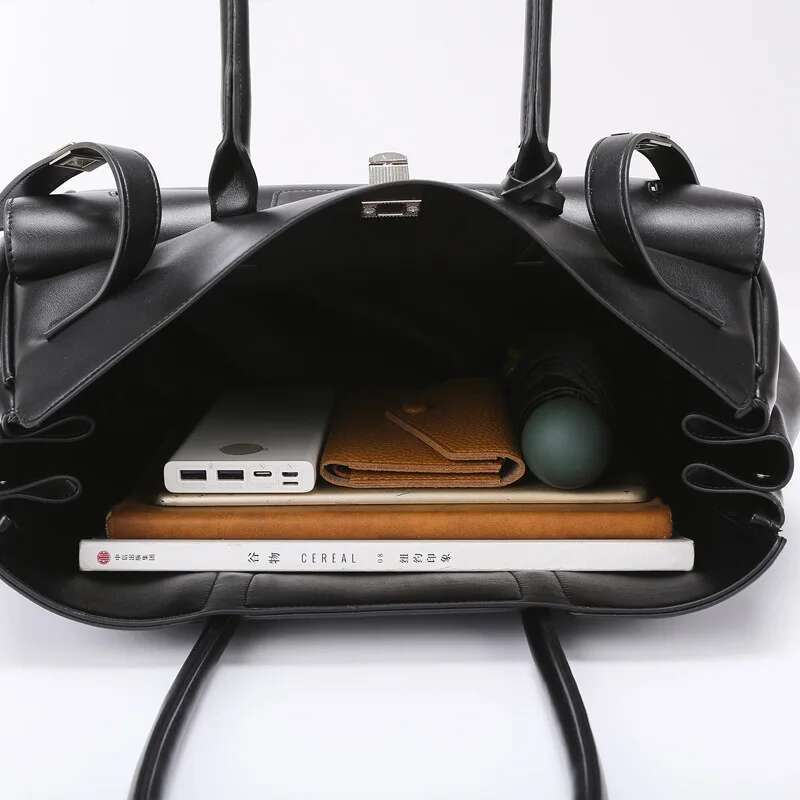 Designer Large Capacity Black PU Leather Tote Women's Underarm Bags Multipocket Shoulder Bag Lady Commuter Handbag