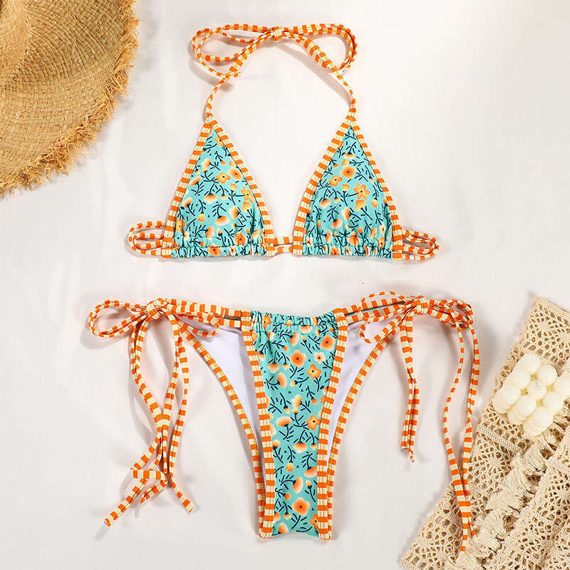 2025 European and American split swimsuit women's contrasting printed straps sexy bikini has been added with colors, new style temperament chic e