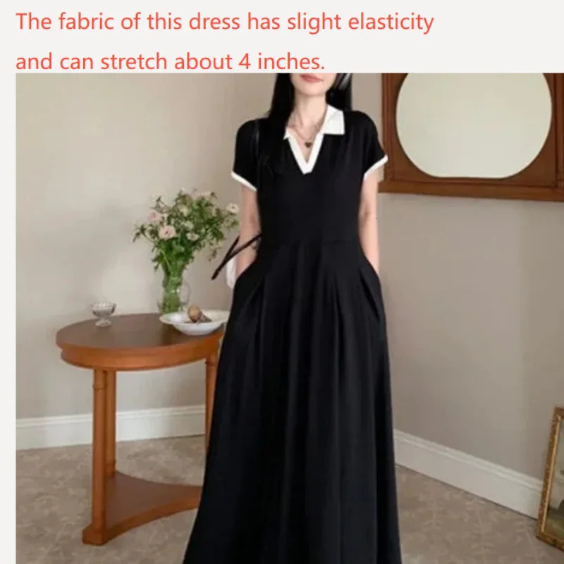 Plus Size Office Ladys Elegant Black Dress Short Sleeve Loose Pleated Midi Casual Matching Vintage Hepburn 250506