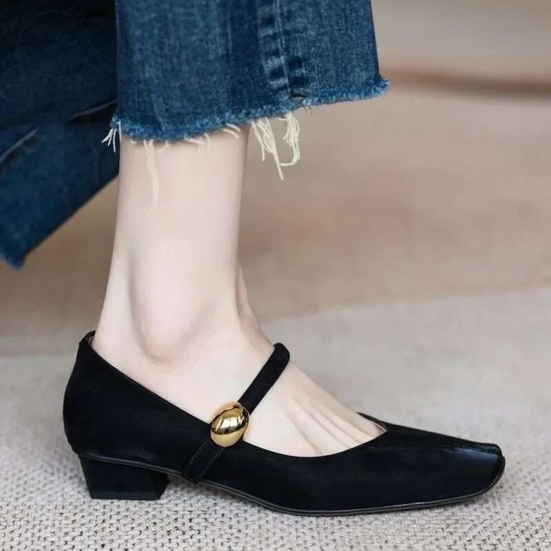 2025 Low Summer New Square Head Shallow Mouth Suede Metal Buckle Soft Sole Anti-slip Wear-resistant Heel Shoes
