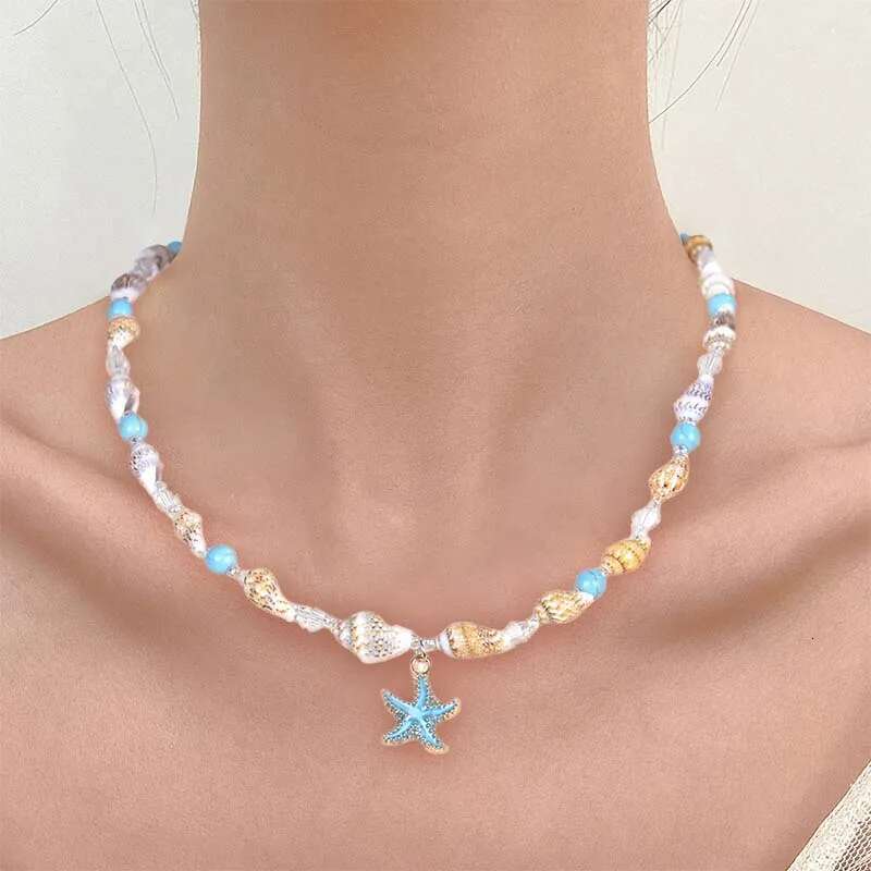 Bohemian Natural Stone Chain Clavicle Charm Starfish Conch Pendant Rice Bead Necklace Choker Women's Beach Jewelry