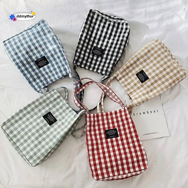 Fashion Simple Women Canvas Handbag Plaid Shoulder Female Wild Black And White Check Tote Campus Style Student Books Bag ddmythur