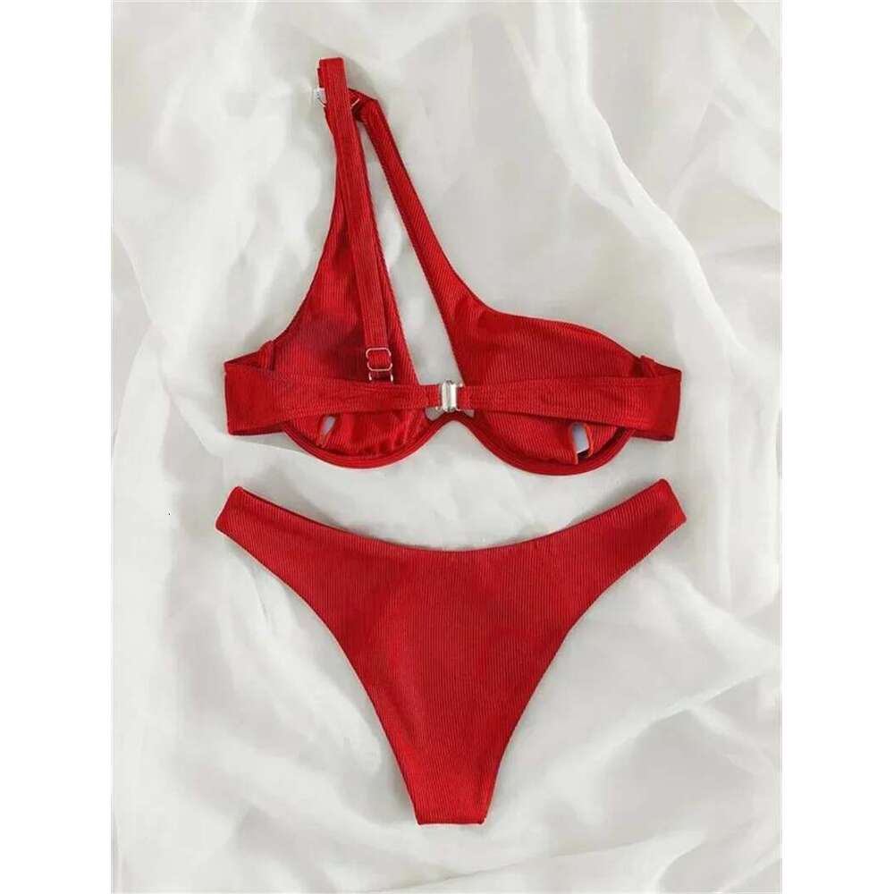 Sexy One Shoulder Bikini Set 2025 Women Red Black Push Up Underwire Micro Swimsuit Brazilian Cut Out Bathing Suit Thong Swimwear