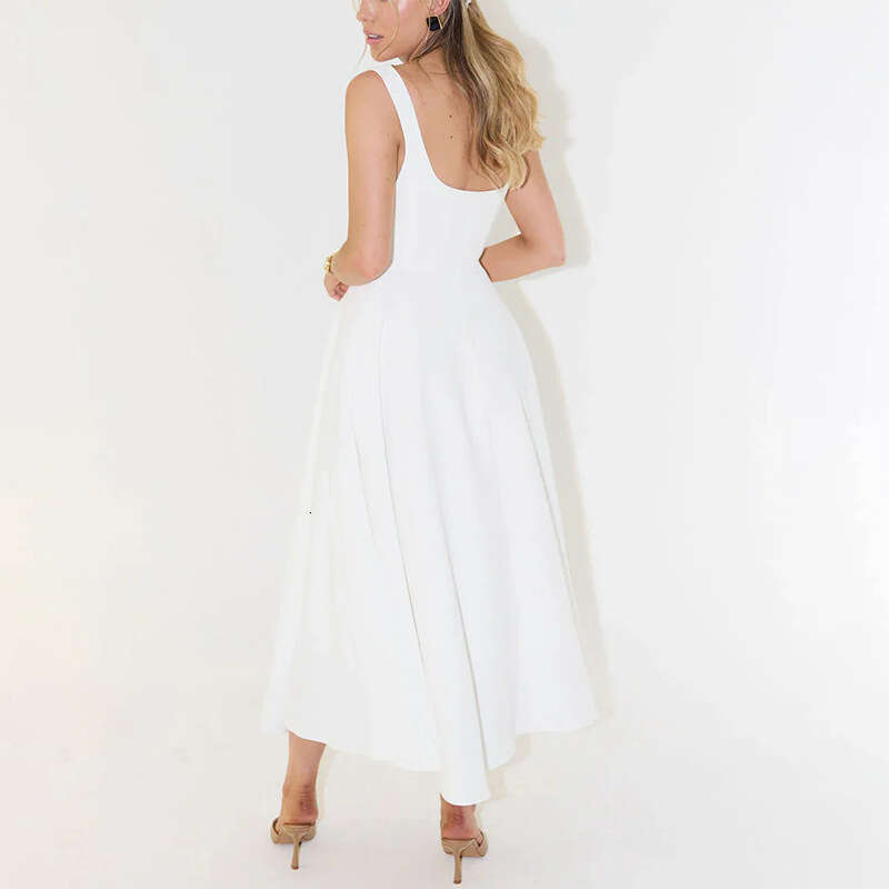 2025 summer new simple and sexy solid color shoulder strap slim fit mid length dress