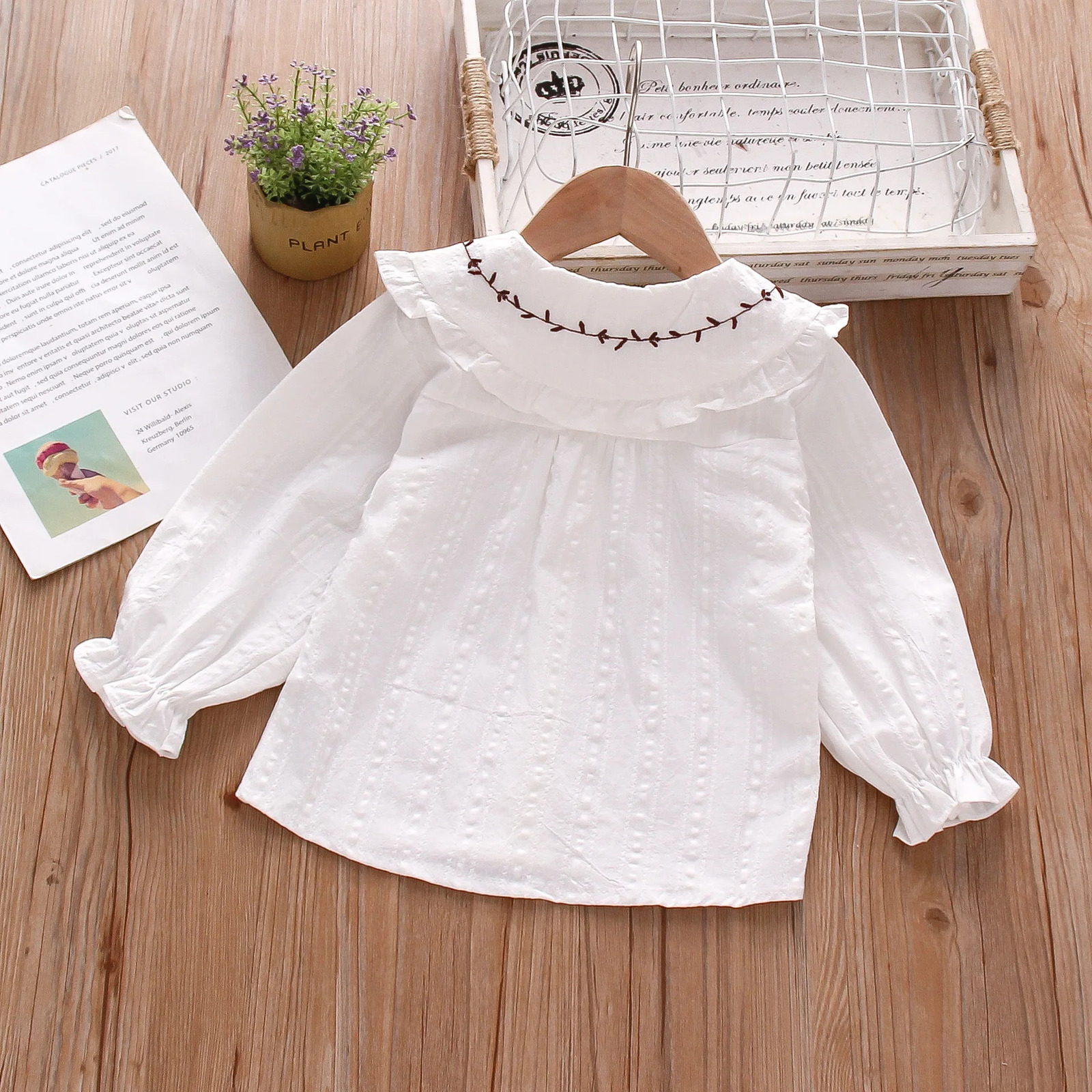 Girls Long Sleeve Shirt Big Lapel Ruffle Embroidered Shirt 250515