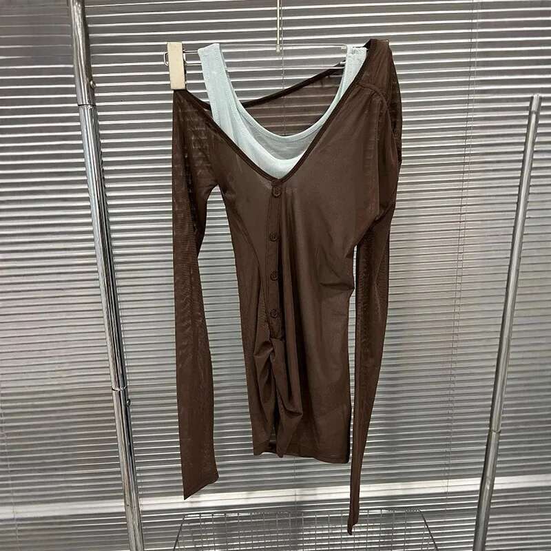 2025 Summer New Slanted Shoulder Mesh Shirt For Women Slim Fit Splicing Fake Two-Piece Long Sleeved Tops Female 11A04431