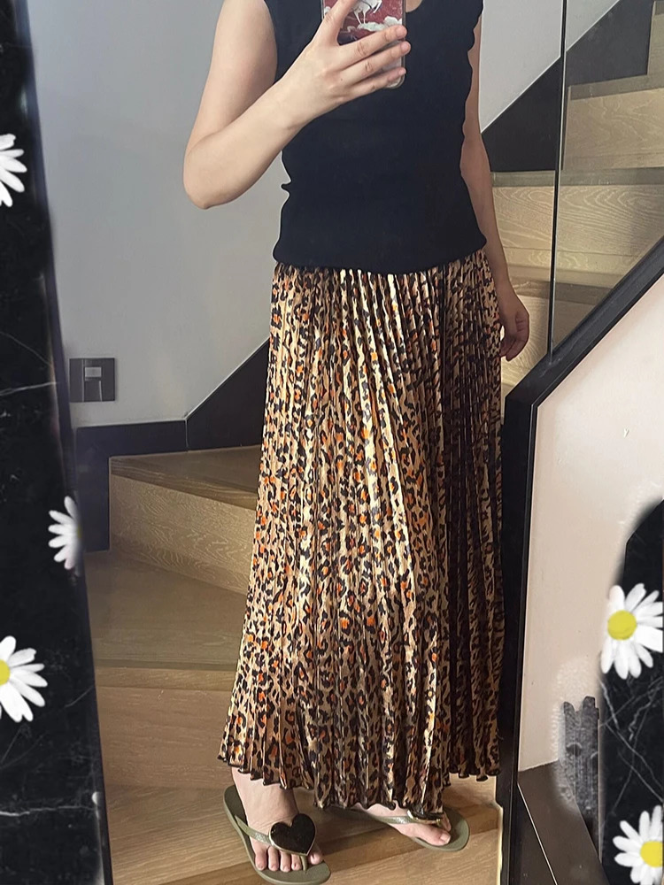 Shiny Leopard Print y Sexy High Waist Women Midi Skirt Summer Elastic Pleated SKirt Old Money Style Mininalstyle 250515