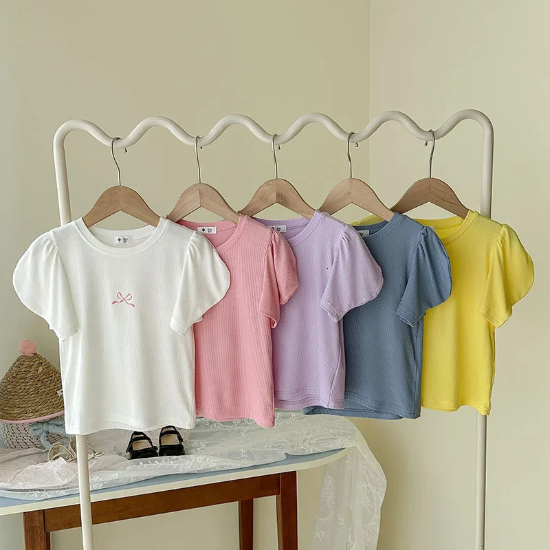 Korean Summer Bowknot Short Sleeve T-shirts For Girls 1-6 Years Cotton Toddler Girl Tops Baby Girl Tees Clothes 250515