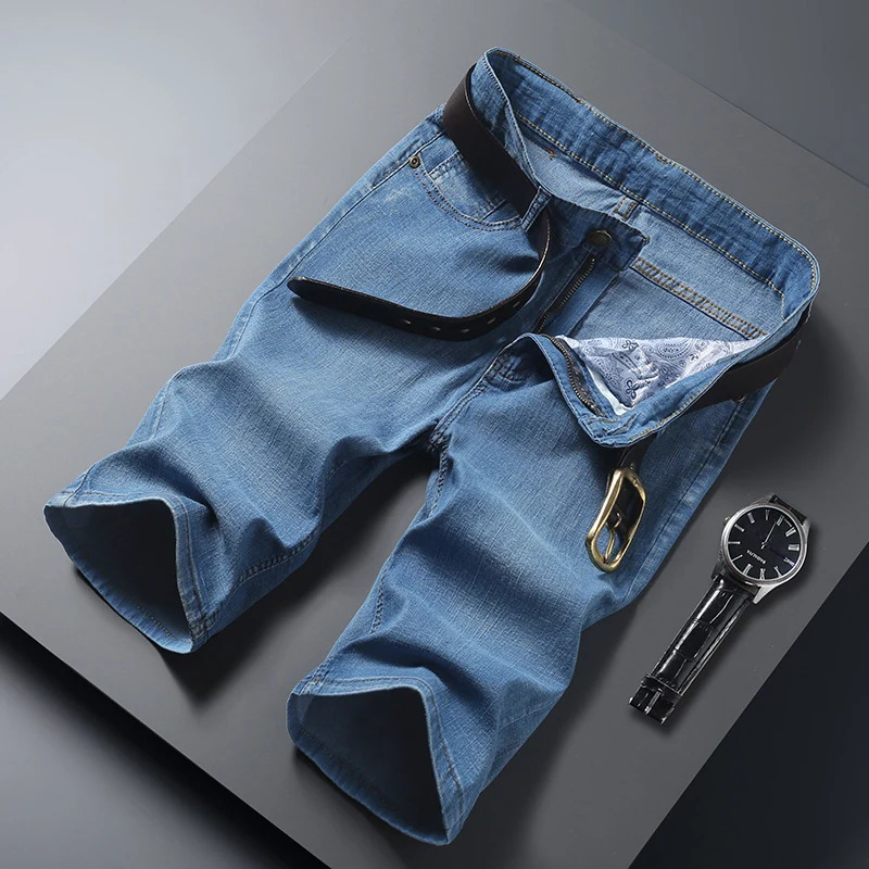 Mens Summer Pure Color Knee Length Jeans Stretch Fashion Slim Straight Denim Shorts High Quality Comfort Casual Short 250515