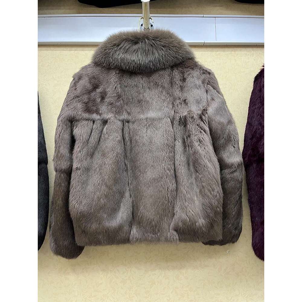 100% Genuine Whole Skin Real Coat With Natural Fox Collar Jacket Full Pelt Rabbit Fur Overcoat