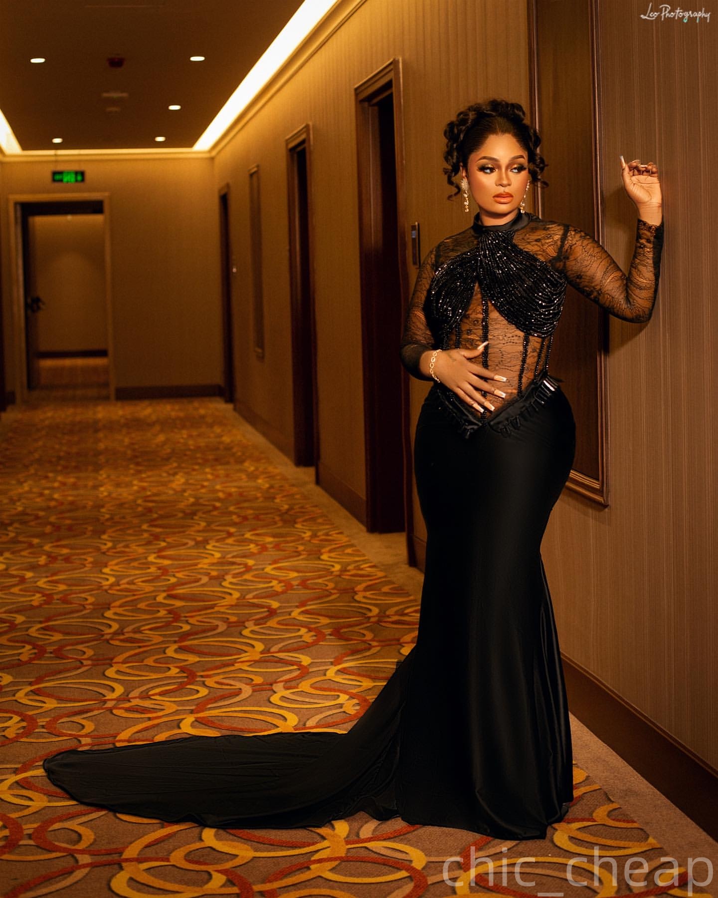 Black Mermaid Plus Size Prom Dresses 2025 Beading Lace Velvet Full Sleeves Evening Formal Party Second Birthday Engagement Gowns Dress For Special Occ