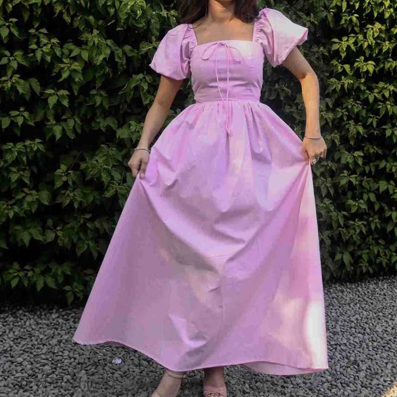 Women Dresses Women's summer new fashionable square neck solid color bubble sleeve sleeve waist cinched mid length dress